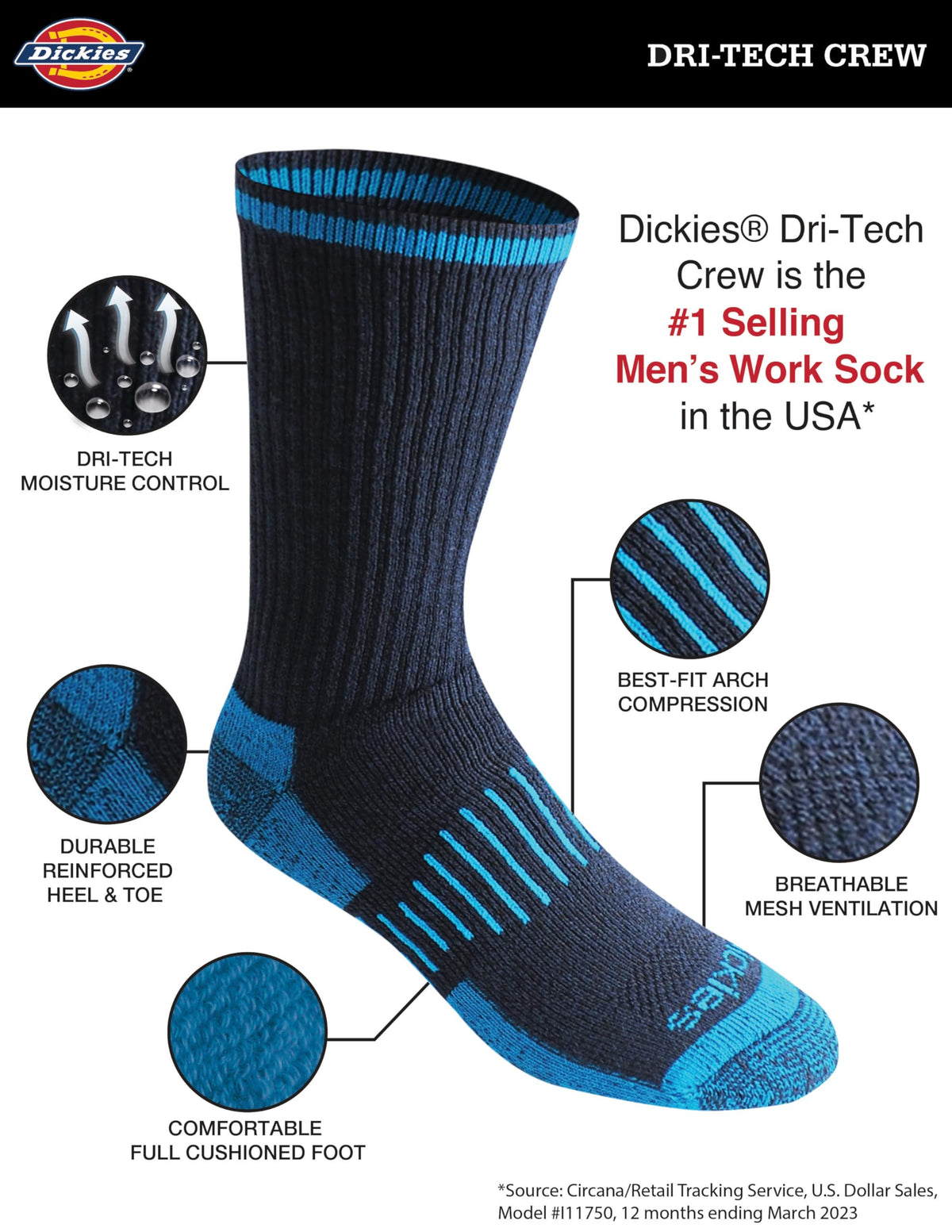 Calcetines Dickies Dri-tech Original para hombre con control de humedad, estilo crew, disponibles en tallas M-XXL (paquetes de 6, 12 y 18 pares)