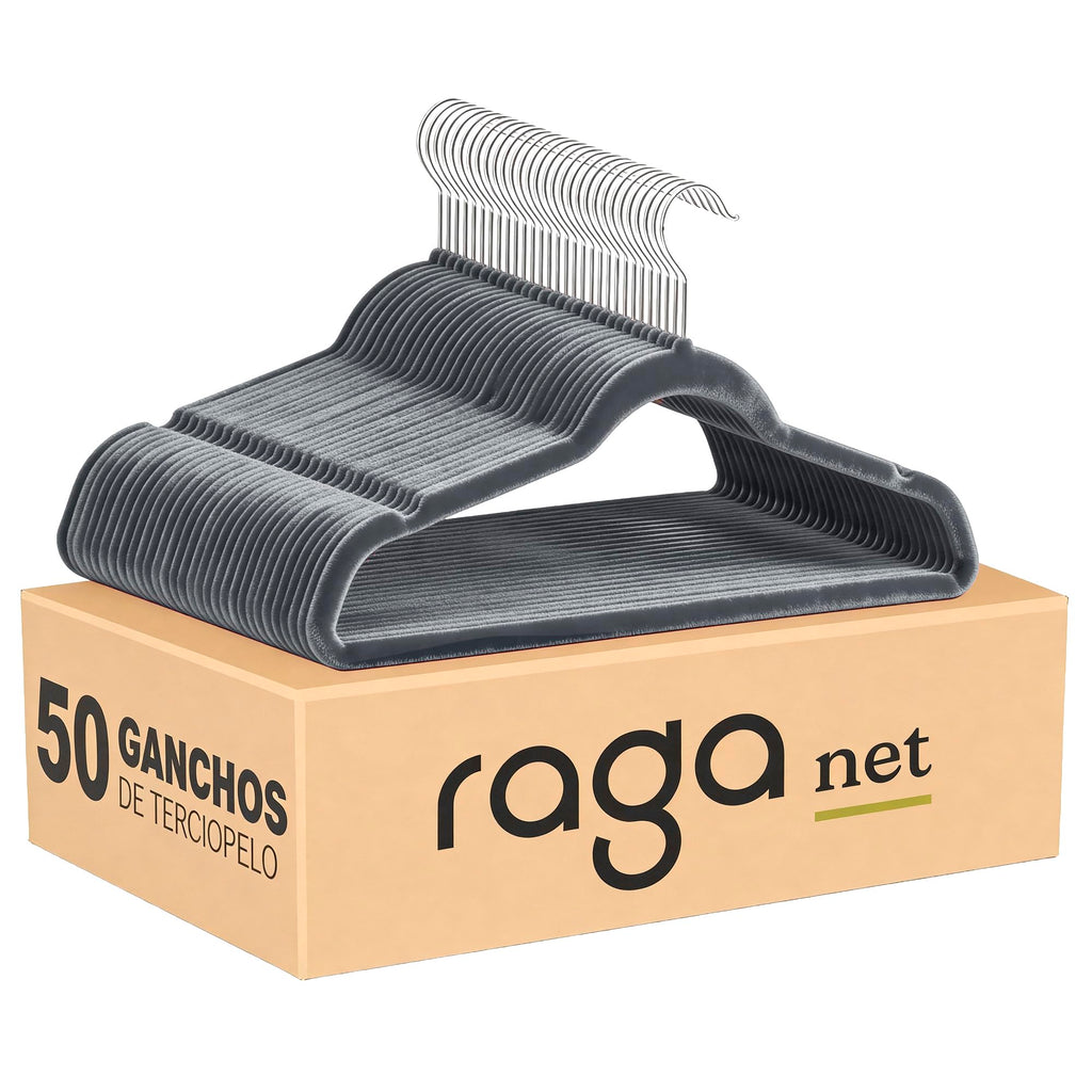 RagaBasics, Set de 50 Ganchos Metalicos Cubiertos con Terciopelo, Perchas de Alta Calidad, Gancho con Rotacion 360°, Ganchos Antideslizantes y Resistentes (Negro)