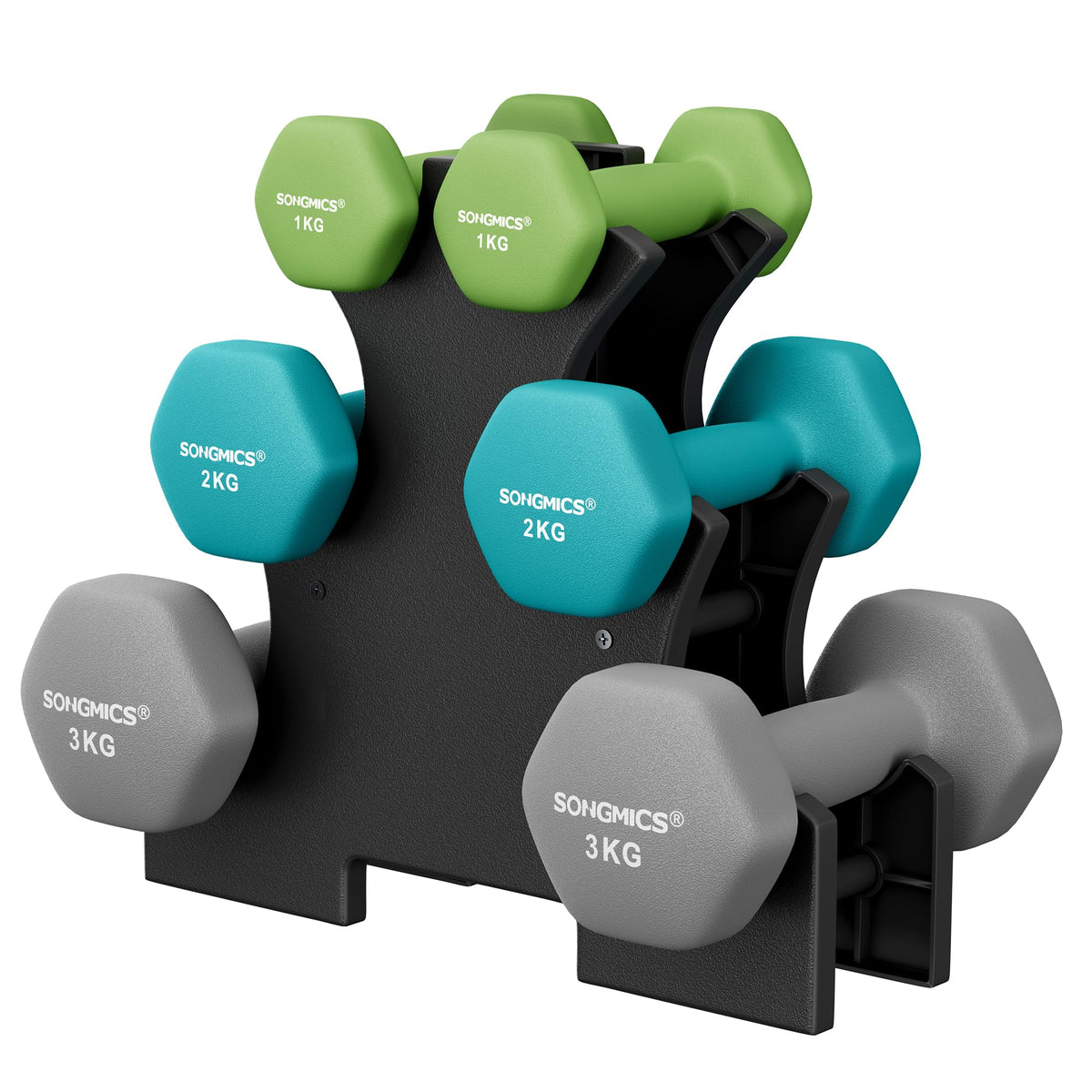 Set de 6 Mancuernas SONGMICS con Soporte – 1, 2 y 3 kg | Vinilo Antideslizante Premium