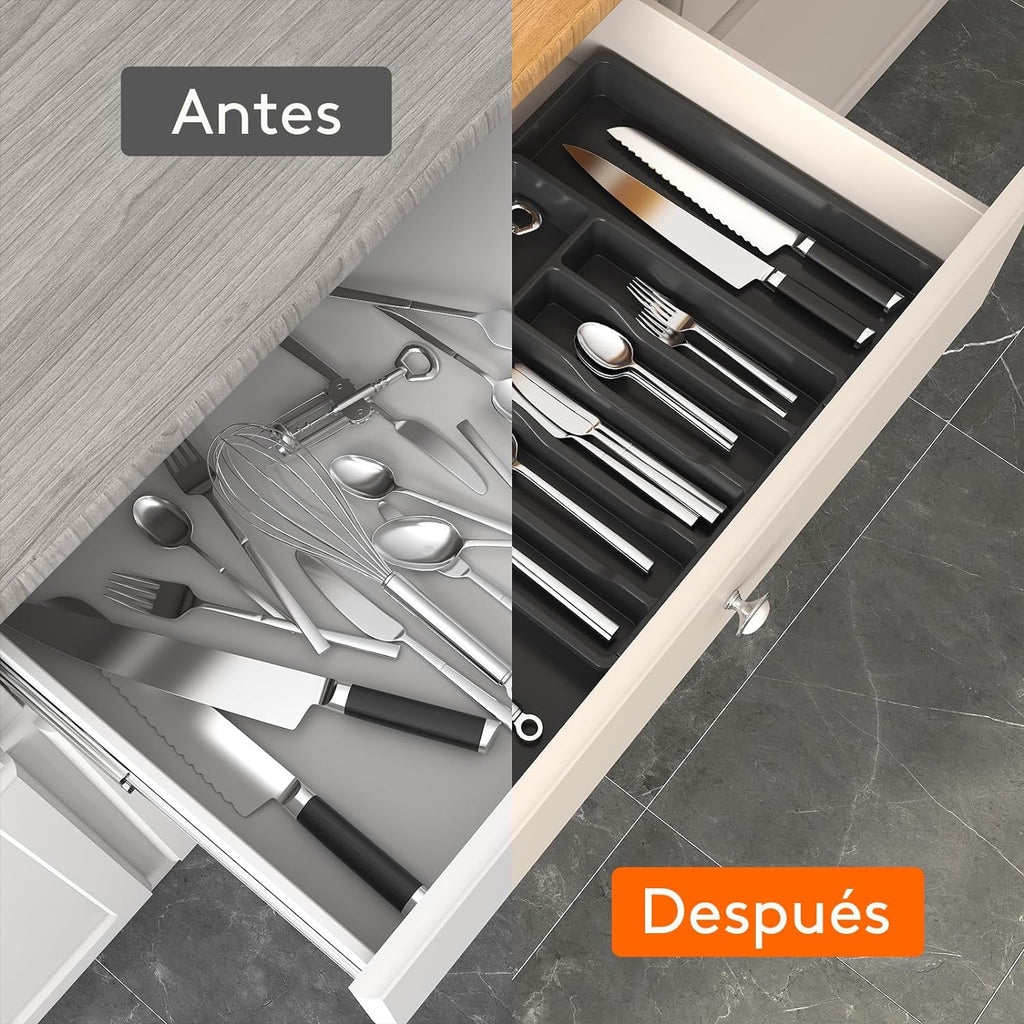 Lifewit Organizador de cubiertos, bandeja extensible para cubiertos, cubertero para cajón de cocina, organizador ajustable y compacto para cucharas, tenedores y cuchillos, grande, negro
