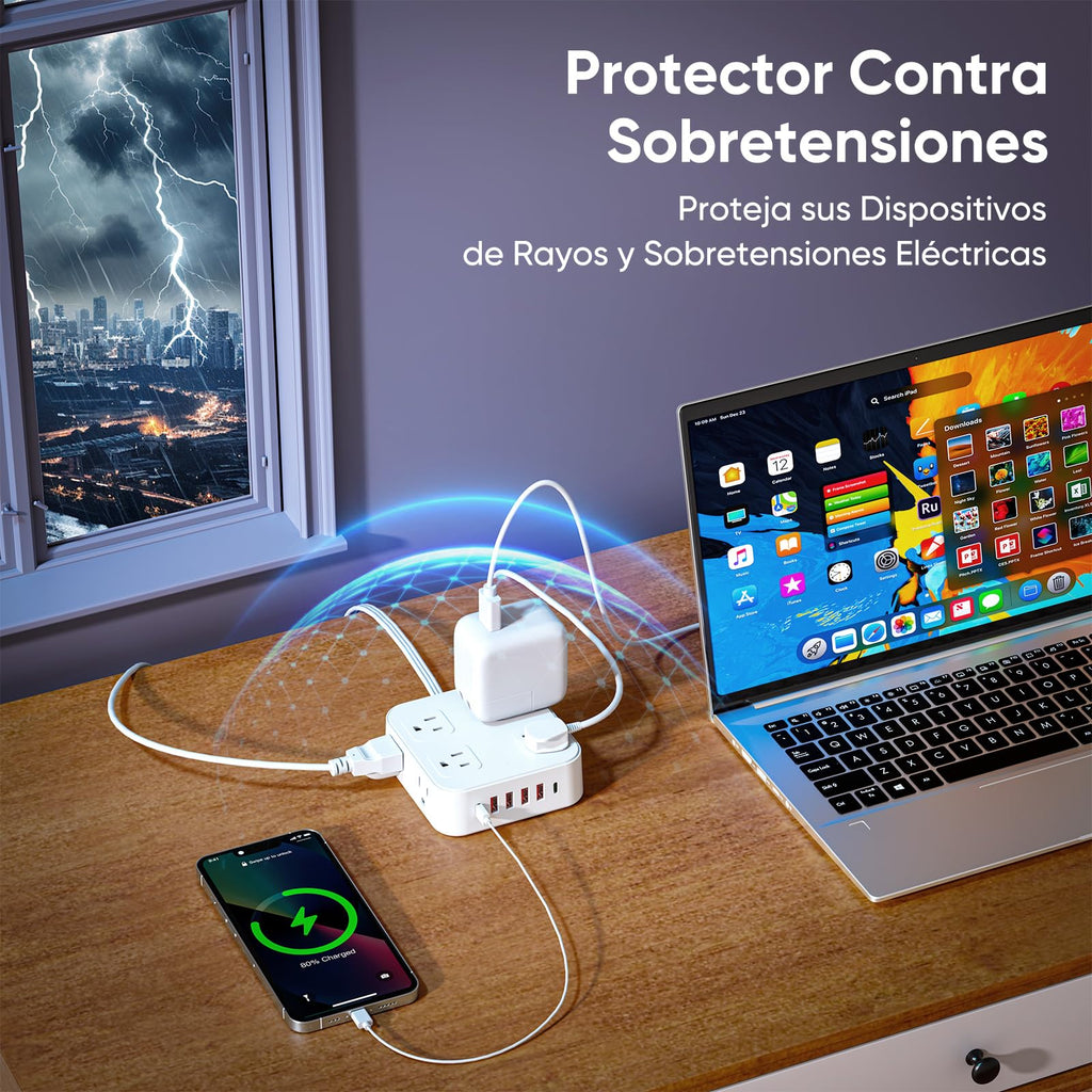 LUKITO Multicontacto Regleta 12 En1, Extensión Eléctrica con Protección contra Sobrecargas, Conector Multiple para Escritorio con Cable De 1.8m, 8 Salidas CA Y 4 Puertos USB (1 USB-c)