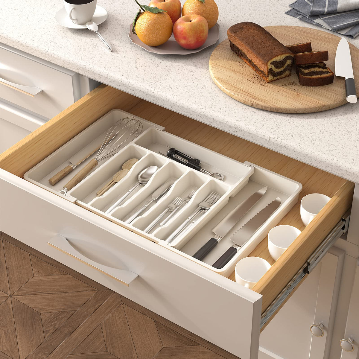 Lifewit Organizador de cubiertos, bandeja extensible para cubiertos, cubertero para cajón de cocina, organizador ajustable y compacto para cucharas, tenedores y cuchillos, grande, negro