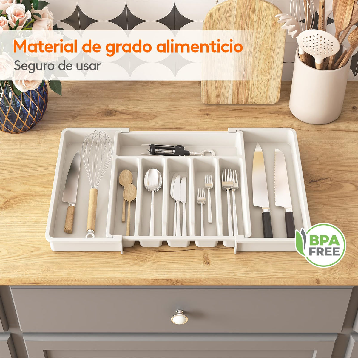 Lifewit Organizador de cubiertos, bandeja extensible para cubiertos, cubertero para cajón de cocina, organizador ajustable y compacto para cucharas, tenedores y cuchillos, grande, negro