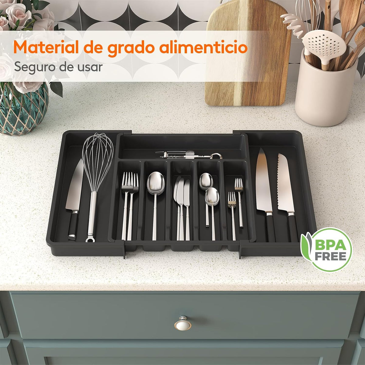 Lifewit Organizador de cubiertos, bandeja extensible para cubiertos, cubertero para cajón de cocina, organizador ajustable y compacto para cucharas, tenedores y cuchillos, grande, negro