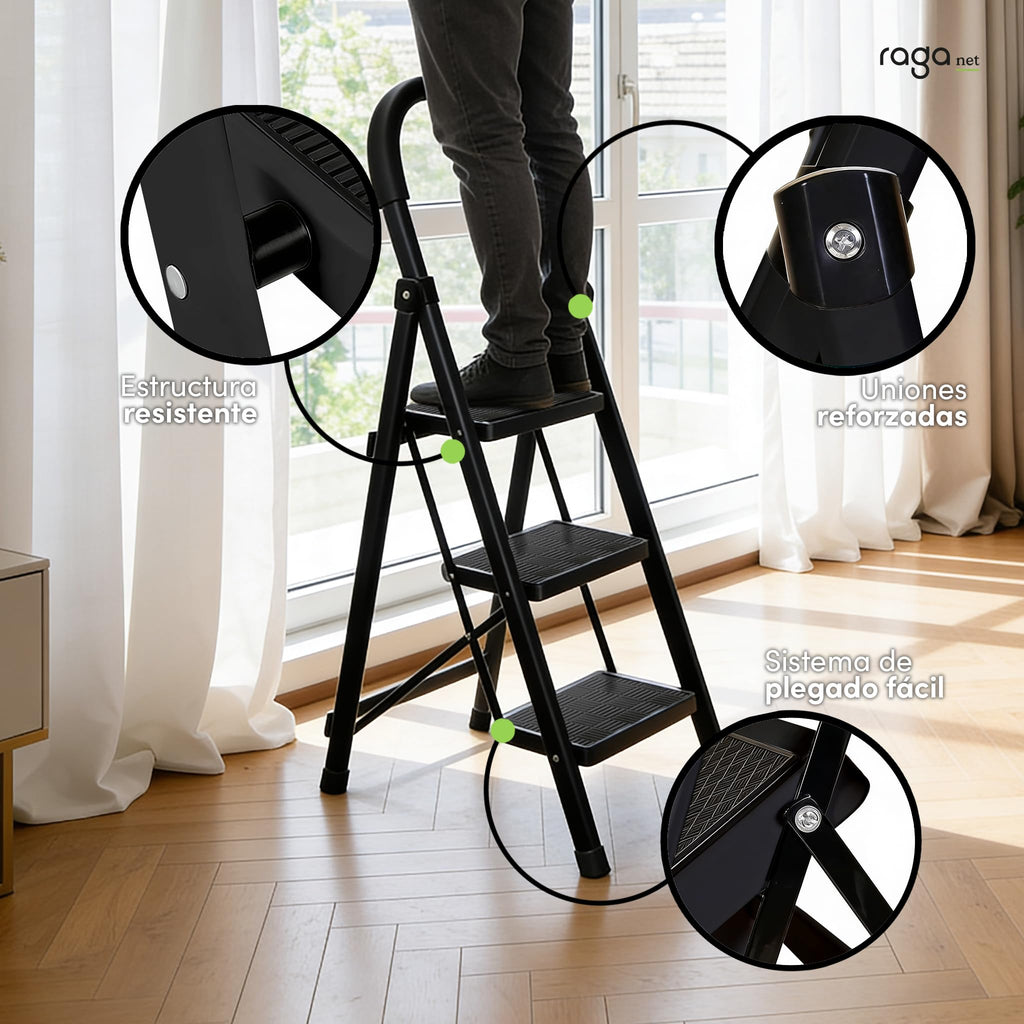 Raganet, Escalera de Tijera de 3 Peldaños, Escalera Tubular, Escalera Plegable Hecha de Acero Inoxidable, Escalones y Patas Antideslizantes, Altura Maxima 111cm Color Blanco (3 Peldaños)