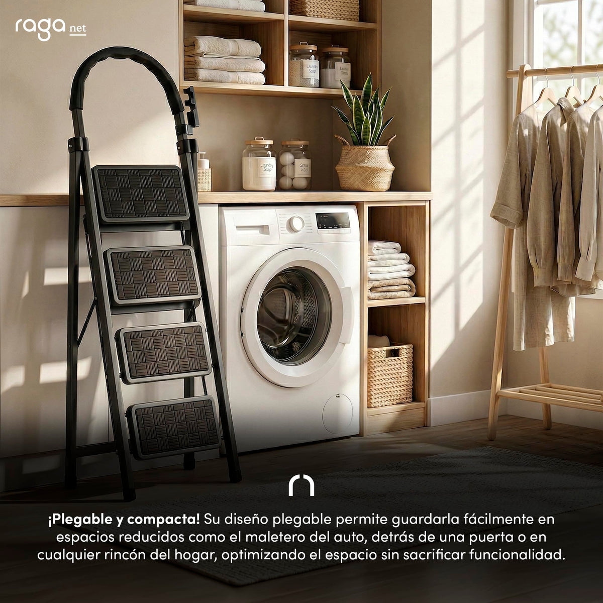 Raganet, Escalera de Tijera de 3 Peldaños, Escalera Tubular, Escalera Plegable Hecha de Acero Inoxidable, Escalones y Patas Antideslizantes, Altura Maxima 111cm Color Blanco (3 Peldaños)