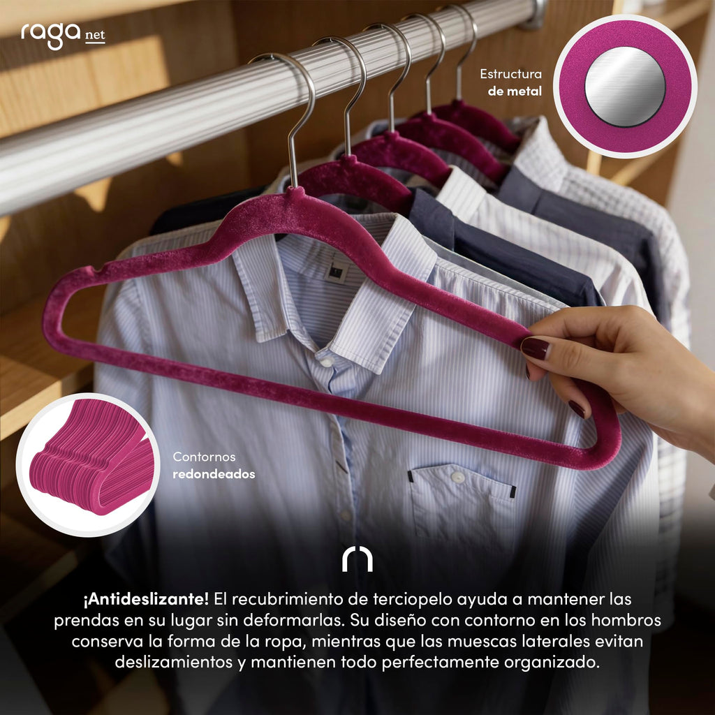 RagaBasics, Set de 50 Ganchos Metalicos Cubiertos con Terciopelo, Perchas de Alta Calidad, Gancho con Rotacion 360°, Ganchos Antideslizantes y Resistentes (Negro)