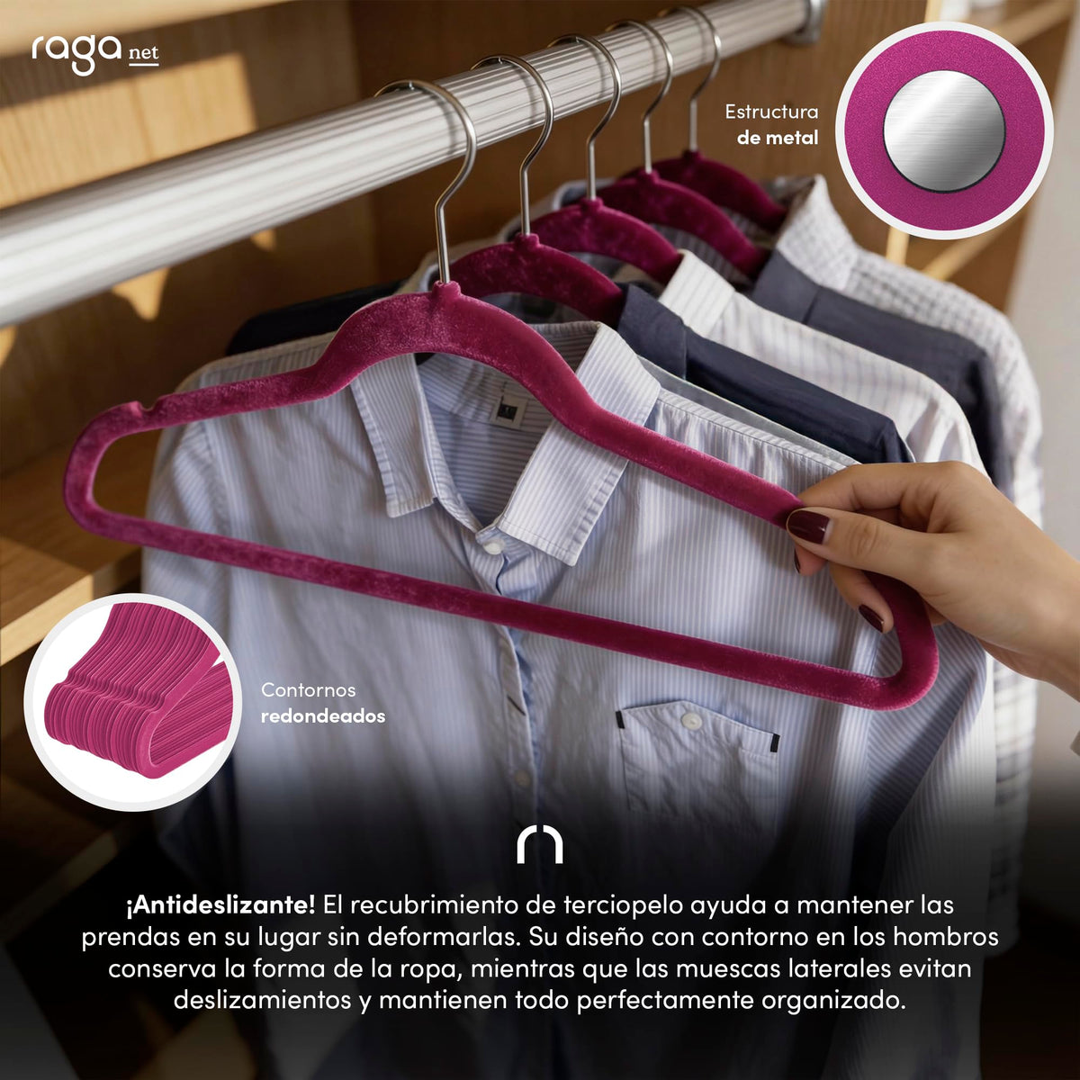 RagaBasics, Set de 50 Ganchos Metalicos Cubiertos con Terciopelo, Perchas de Alta Calidad, Gancho con Rotacion 360°, Ganchos Antideslizantes y Resistentes (Negro)