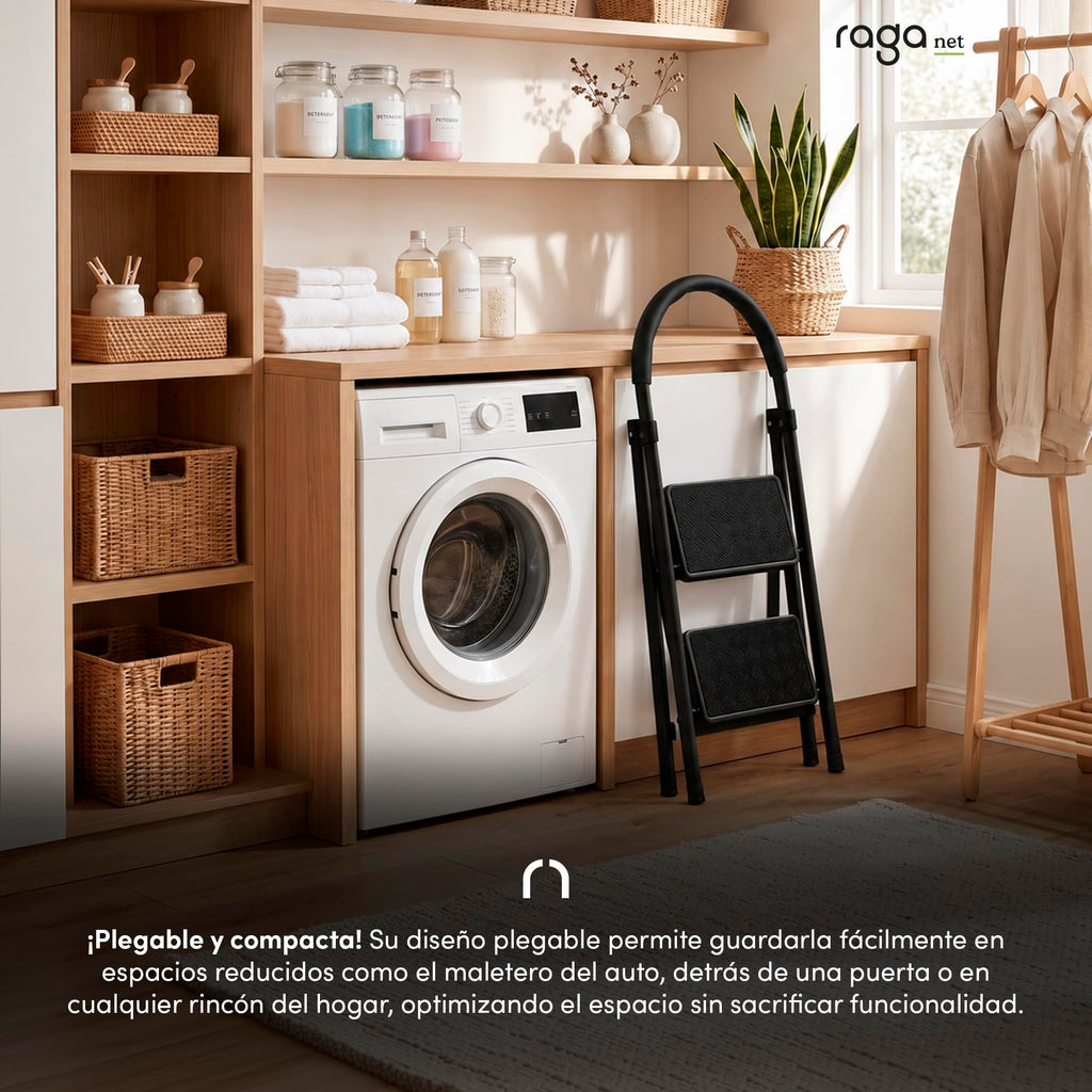 Raganet, Escalera de Tijera de 3 Peldaños, Escalera Tubular, Escalera Plegable Hecha de Acero Inoxidable, Escalones y Patas Antideslizantes, Altura Maxima 111cm Color Blanco (3 Peldaños)