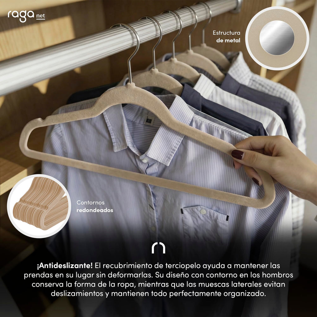 RagaBasics, Set de 50 Ganchos Metalicos Cubiertos con Terciopelo, Perchas de Alta Calidad, Gancho con Rotacion 360°, Ganchos Antideslizantes y Resistentes (Negro)