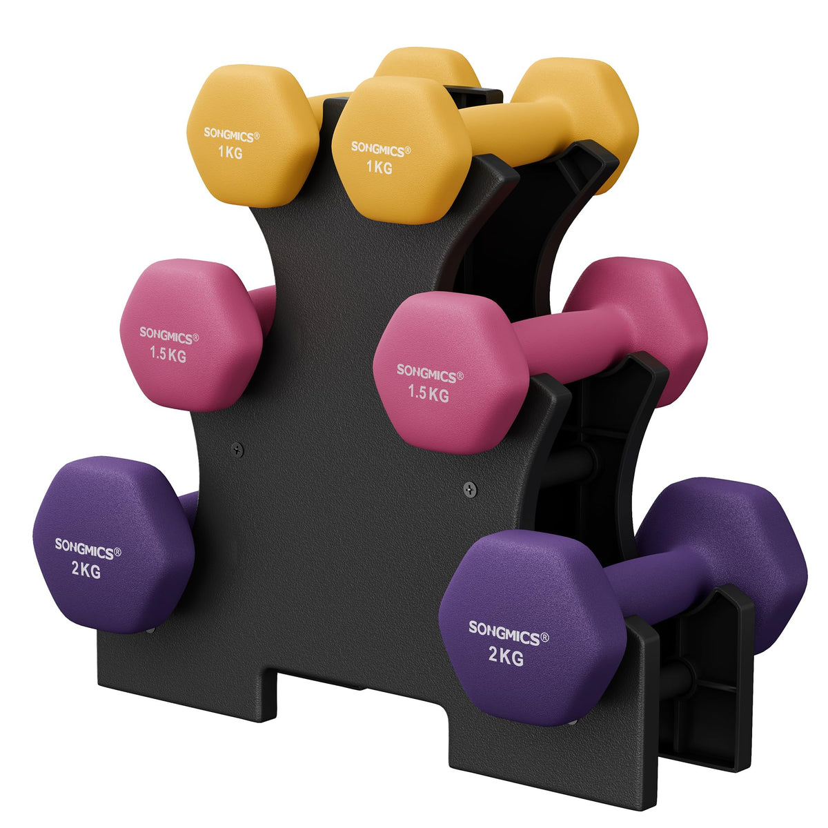 Set de 6 Mancuernas SONGMICS con Soporte – 1, 2 y 3 kg | Vinilo Antideslizante Premium