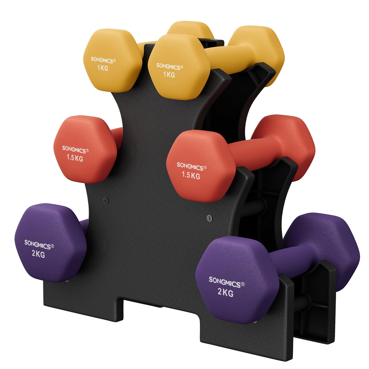 Set de 6 Mancuernas SONGMICS con Soporte – 1, 2 y 3 kg | Vinilo Antideslizante Premium
