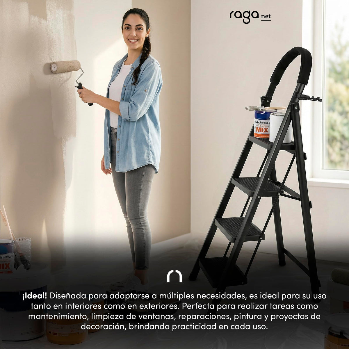 Raganet, Escalera de Tijera de 3 Peldaños, Escalera Tubular, Escalera Plegable Hecha de Acero Inoxidable, Escalones y Patas Antideslizantes, Altura Maxima 111cm Color Blanco (3 Peldaños)