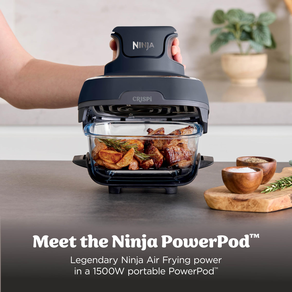 Ninja Crispi FN103 Freidora de Aire Portátil 5 en 1, Sistema de Cocción de Vidrio TempWare de 1500 W, 3 Recipientes de 3.8 L, 2.4 L y 1.4 L, Libre de PFAS, Azul (Reacondicionado)