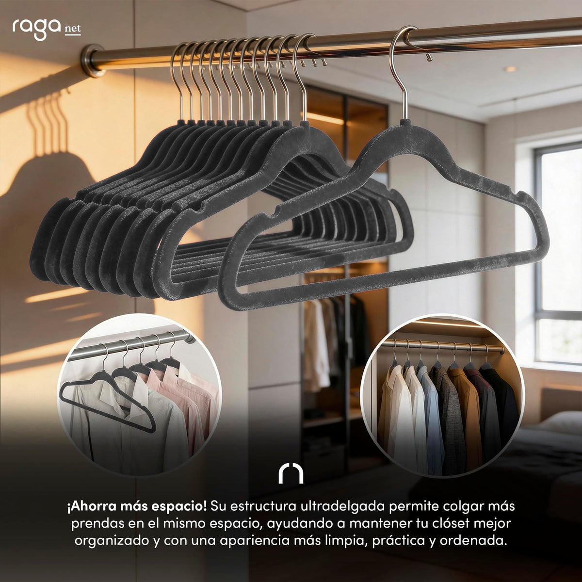 RagaBasics, Set de 50 Ganchos Metalicos Cubiertos con Terciopelo, Perchas de Alta Calidad, Gancho con Rotacion 360°, Ganchos Antideslizantes y Resistentes (Negro)
