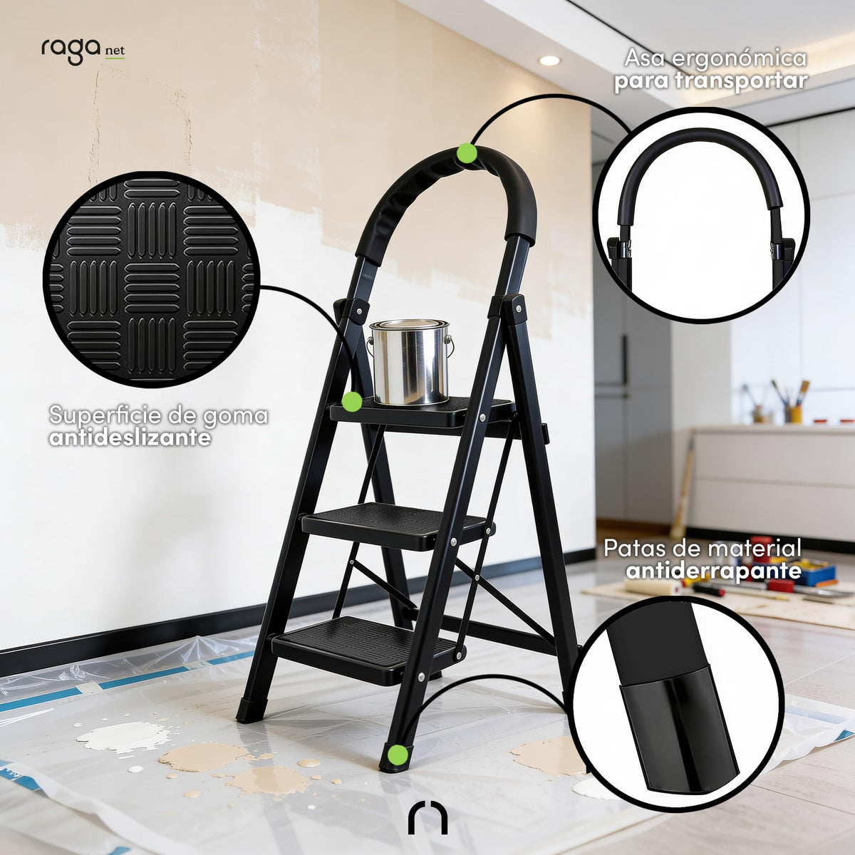 Raganet, Escalera de Tijera de 3 Peldaños, Escalera Tubular, Escalera Plegable Hecha de Acero Inoxidable, Escalones y Patas Antideslizantes, Altura Maxima 111cm Color Blanco (3 Peldaños)