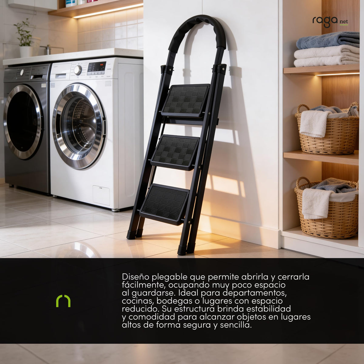 Raganet, Escalera de Tijera de 3 Peldaños, Escalera Tubular, Escalera Plegable Hecha de Acero Inoxidable, Escalones y Patas Antideslizantes, Altura Maxima 111cm Color Blanco (3 Peldaños)