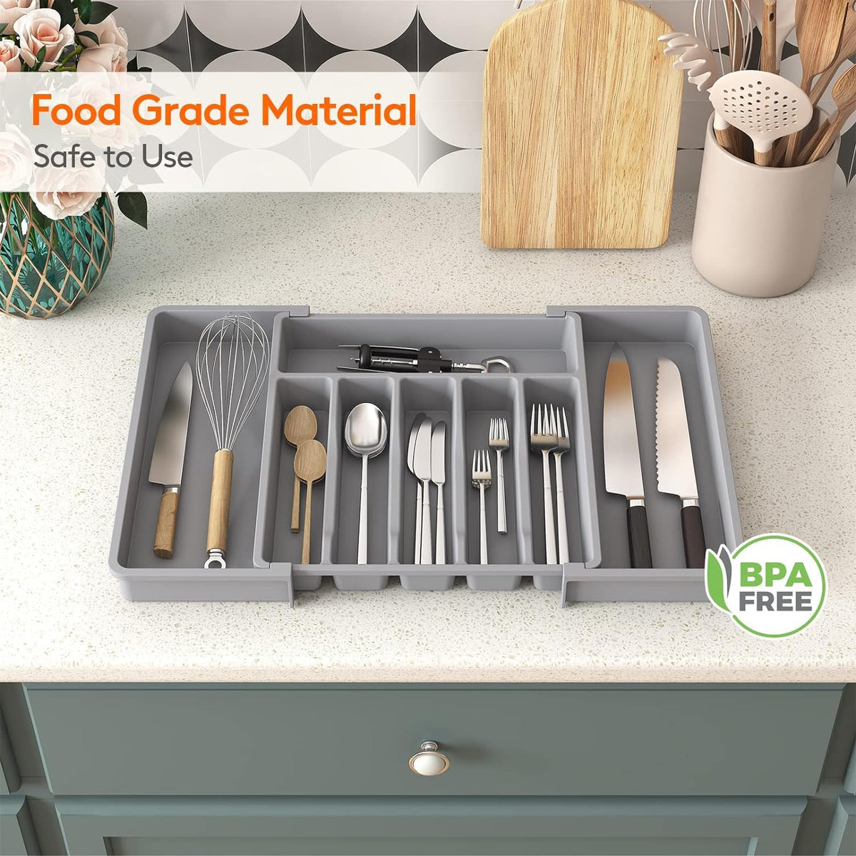 Lifewit Organizador de cubiertos, bandeja extensible para cubiertos, cubertero para cajón de cocina, organizador ajustable y compacto para cucharas, tenedores y cuchillos, grande, negro