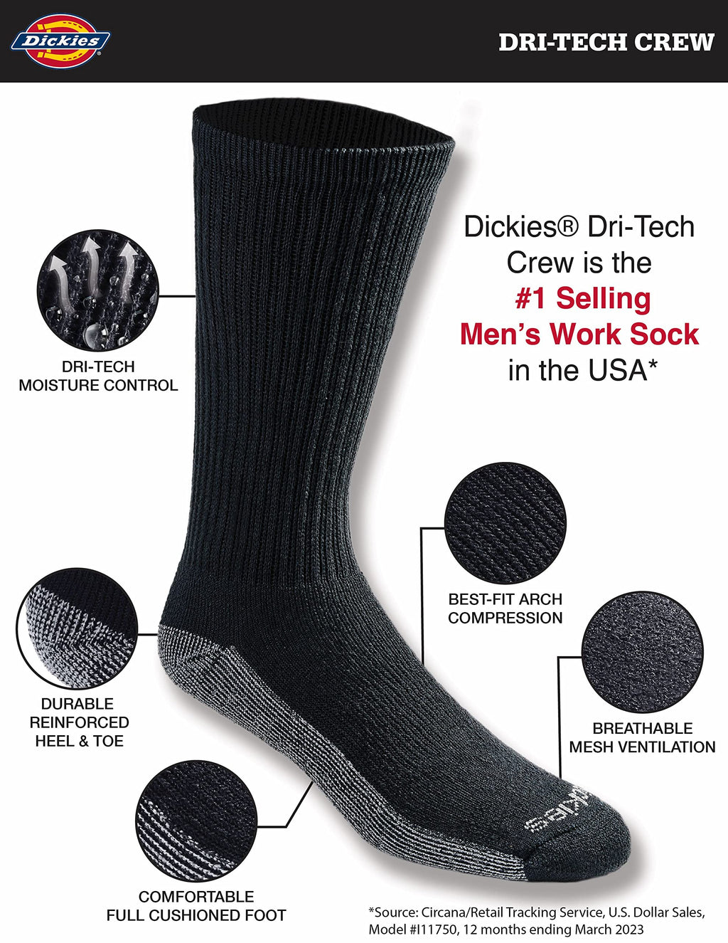 Calcetines Dickies Dri-tech Original para hombre con control de humedad, estilo crew, disponibles en tallas M-XXL (paquetes de 6, 12 y 18 pares)