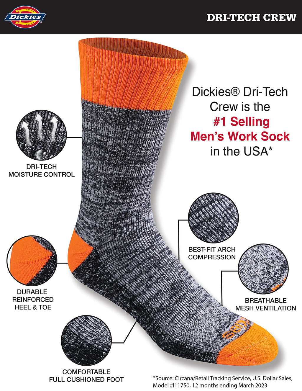 Calcetines Dickies Dri-tech Original para hombre con control de humedad, estilo crew, disponibles en tallas M-XXL (paquetes de 6, 12 y 18 pares)