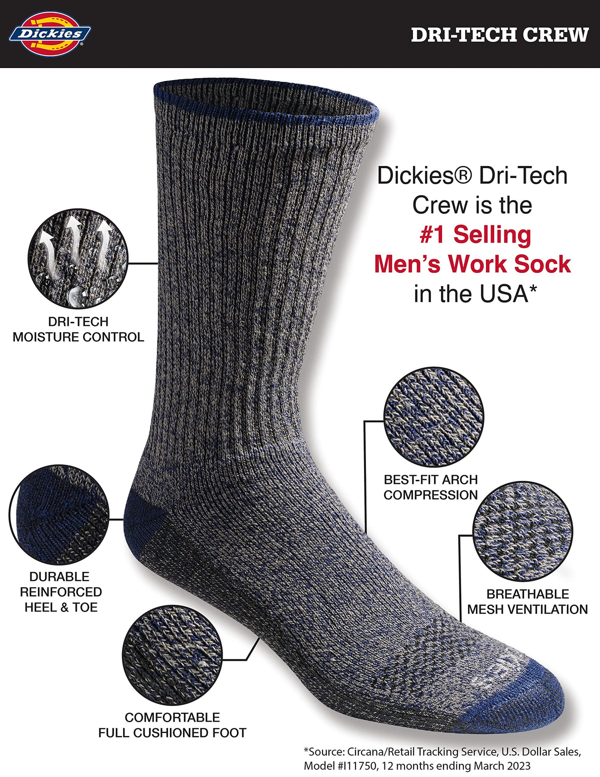 Calcetines Dickies Dri-tech Original para hombre con control de humedad, estilo crew, disponibles en tallas M-XXL (paquetes de 6, 12 y 18 pares)