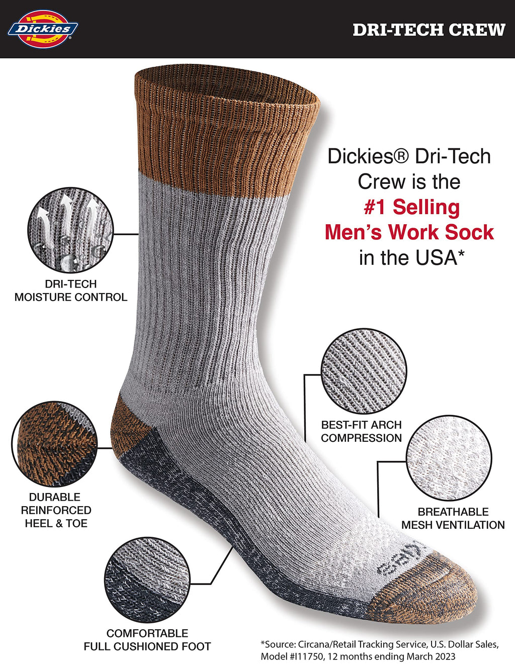 Calcetines Dickies Dri-tech Original para hombre con control de humedad, estilo crew, disponibles en tallas M-XXL (paquetes de 6, 12 y 18 pares)