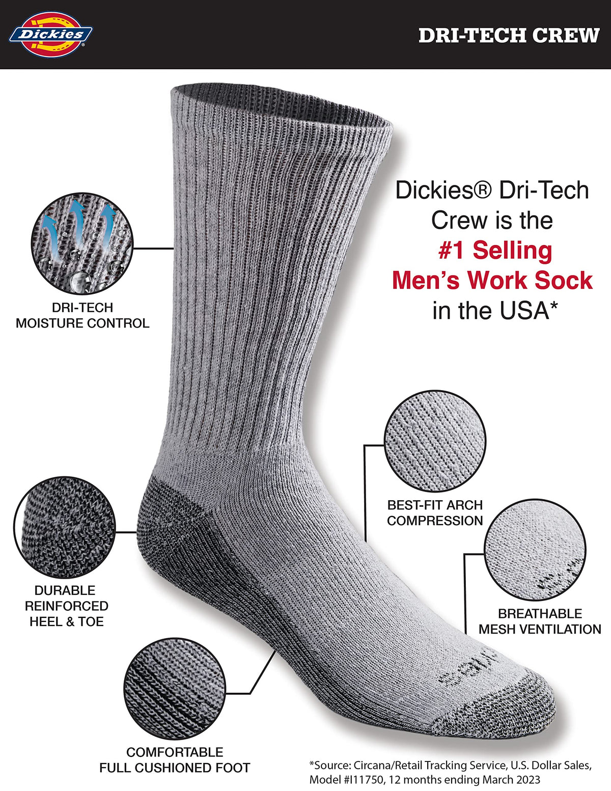Calcetines Dickies Dri-tech Original para hombre con control de humedad, estilo crew, disponibles en tallas M-XXL (paquetes de 6, 12 y 18 pares)