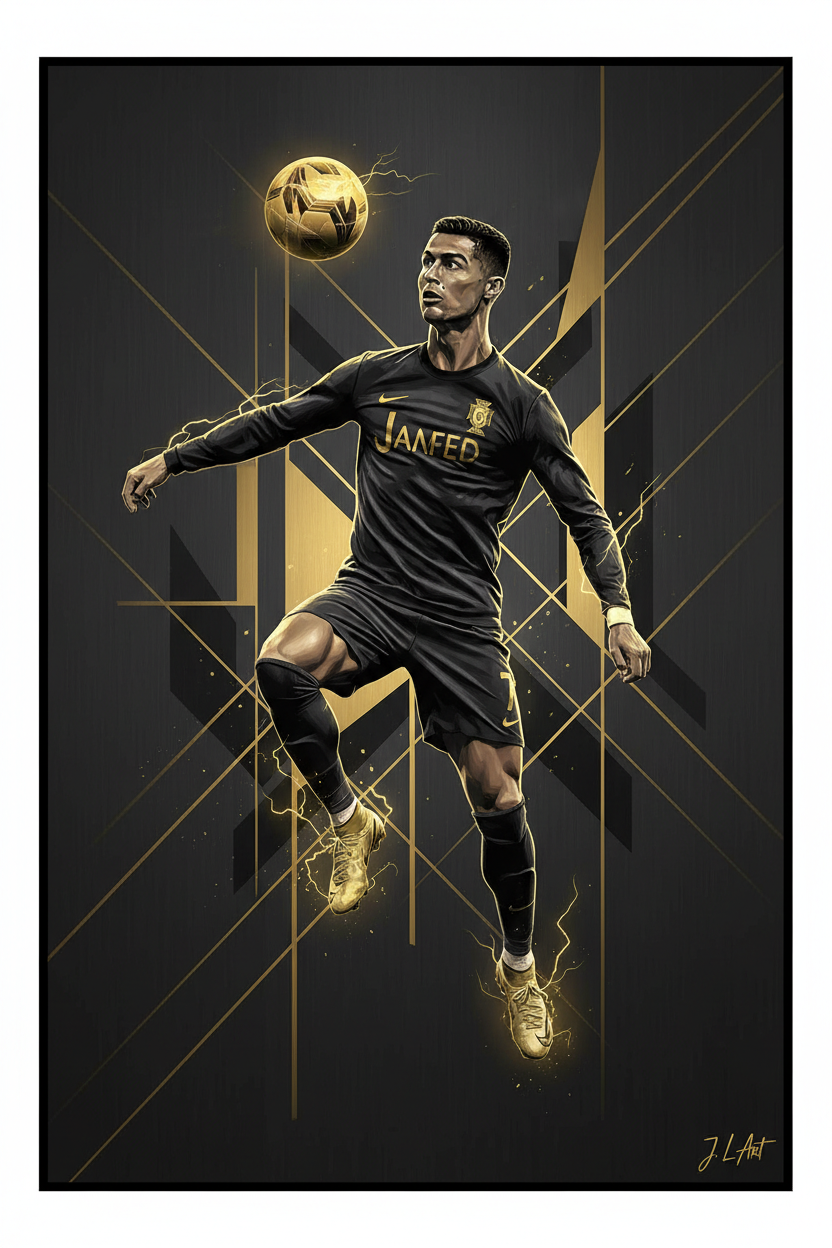 Arte digital premium de Cristiano Ronaldo en estética negra y dorada