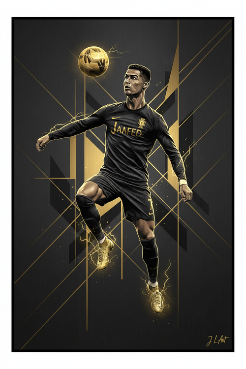 Arte digital premium de Cristiano Ronaldo en estética negra y dorada
